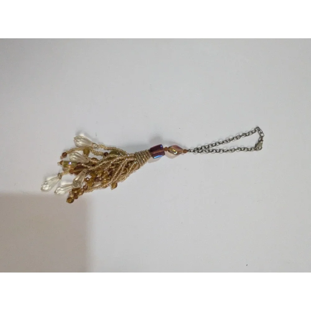 Gold Amber Beaded Tassel‎ Bag Charm Keychain Boho Teardrop Accents 5 Inch